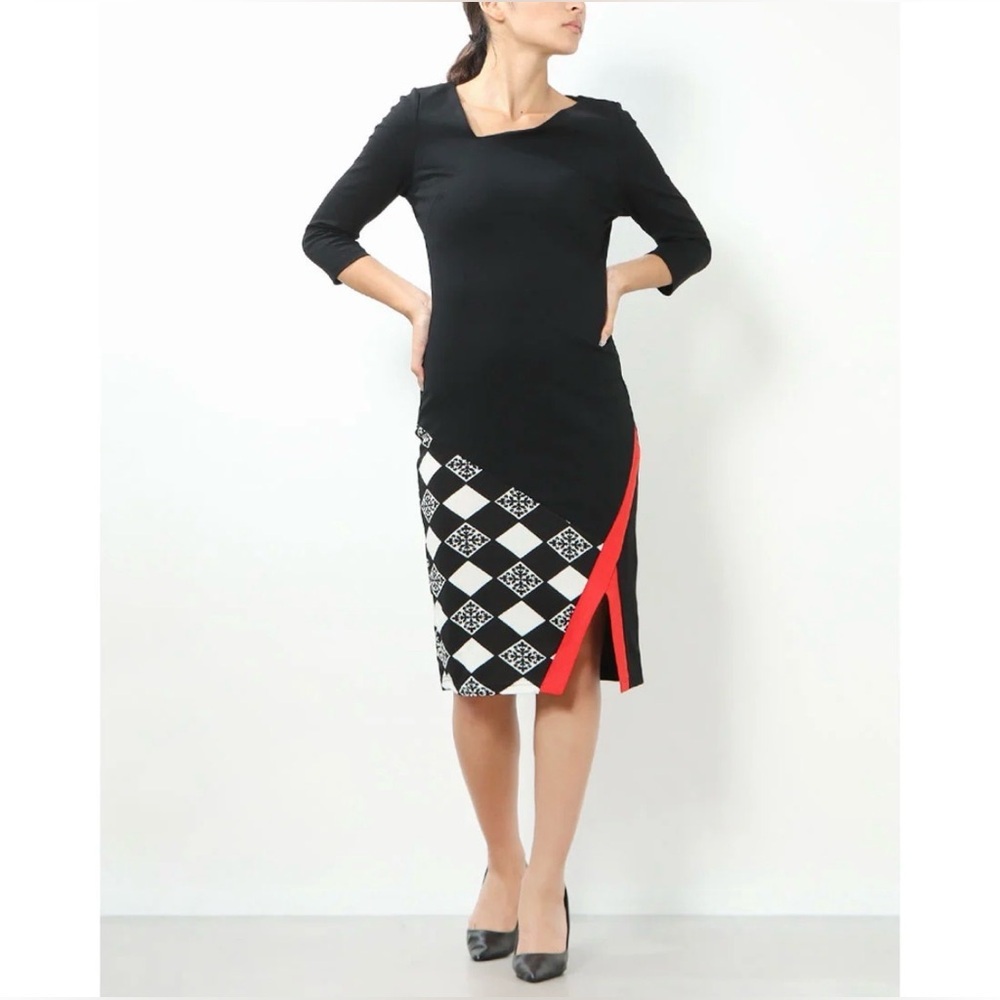 Homeyee Asymmetric Neck Patchwork Geometric Midi Dress, Size 10